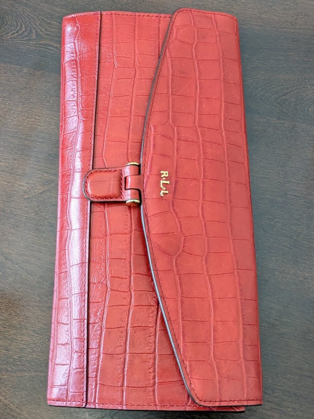 Lauren Ralph Lauren Clutch Pebbled Wallet Handbag Gold RLL Hardware Red